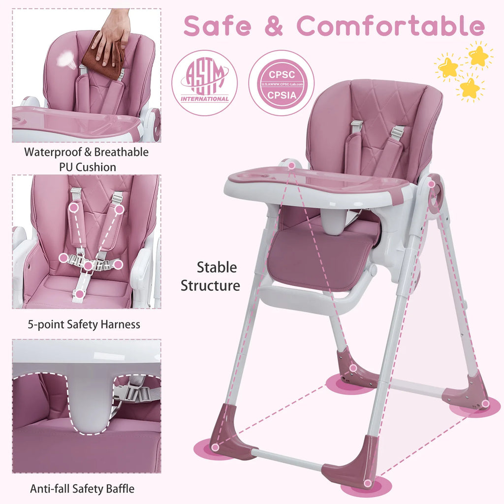 High Chair, Adjustable Height and Recline, Foldable High Chair