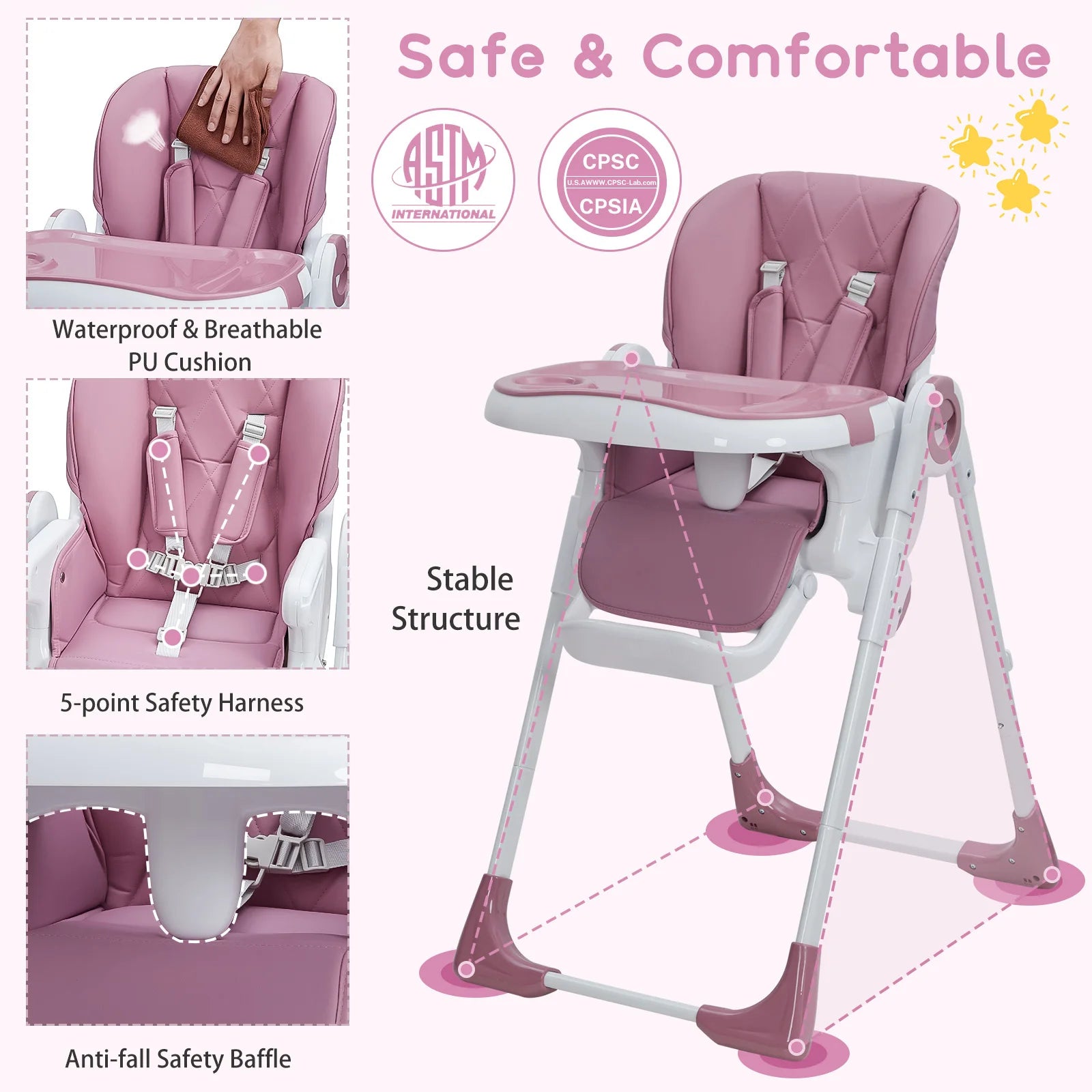 High Chair, Adjustable Height and Recline, Foldable High Chair