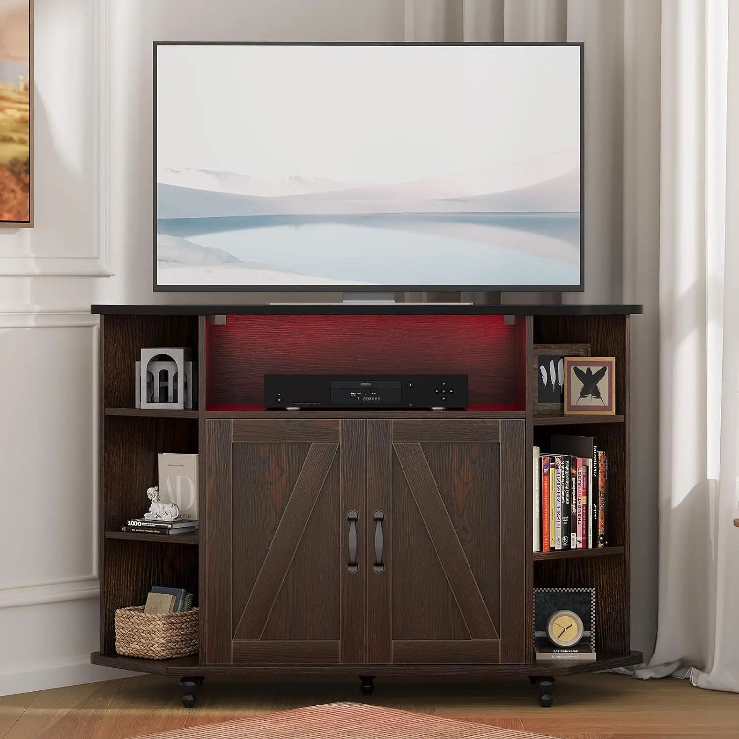 Corner Farmhouse Entertainment Center 50IN, LED Lights, Adjustable Shelves Barn Doors