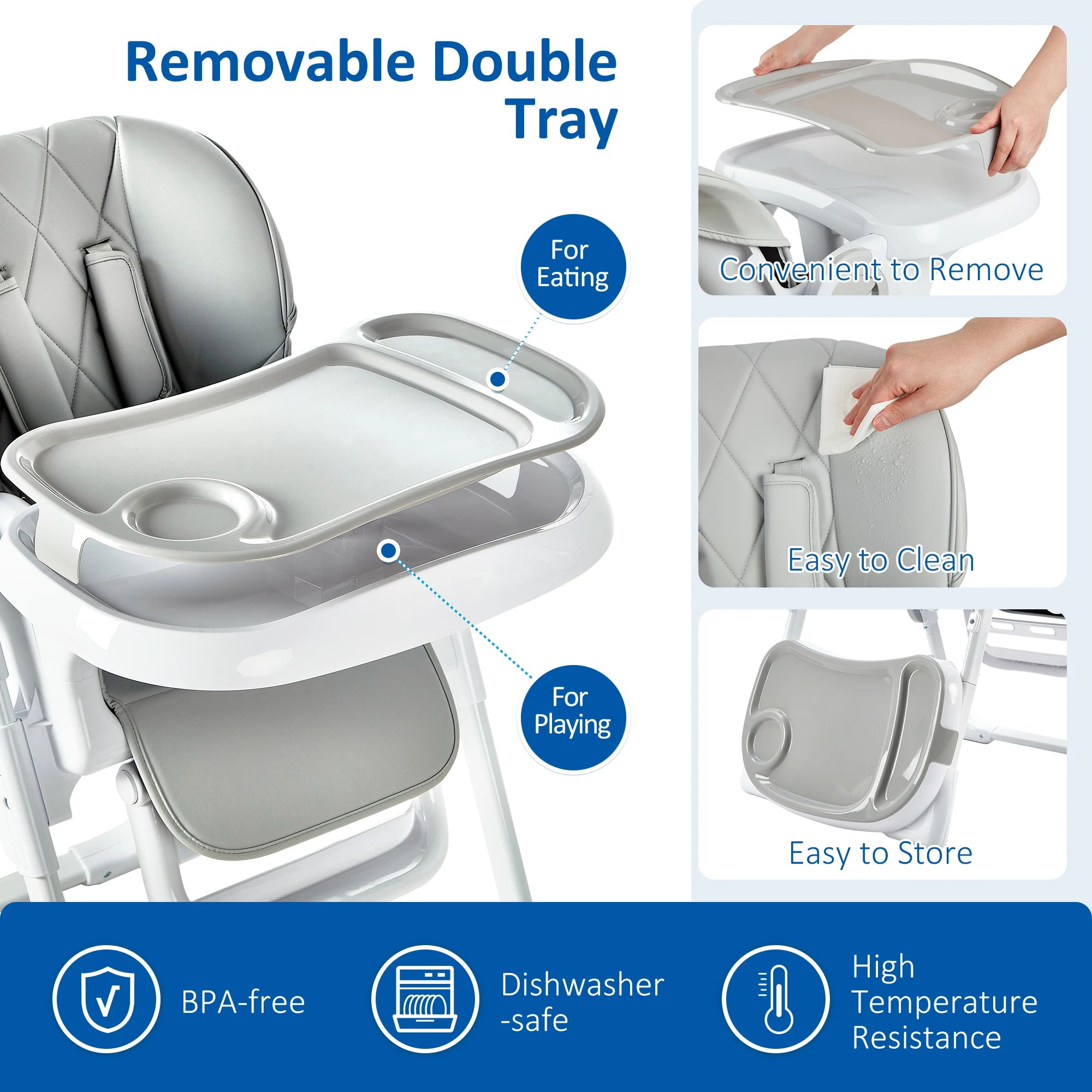 High Chair, Adjustable Height and Recline, Foldable High Chair