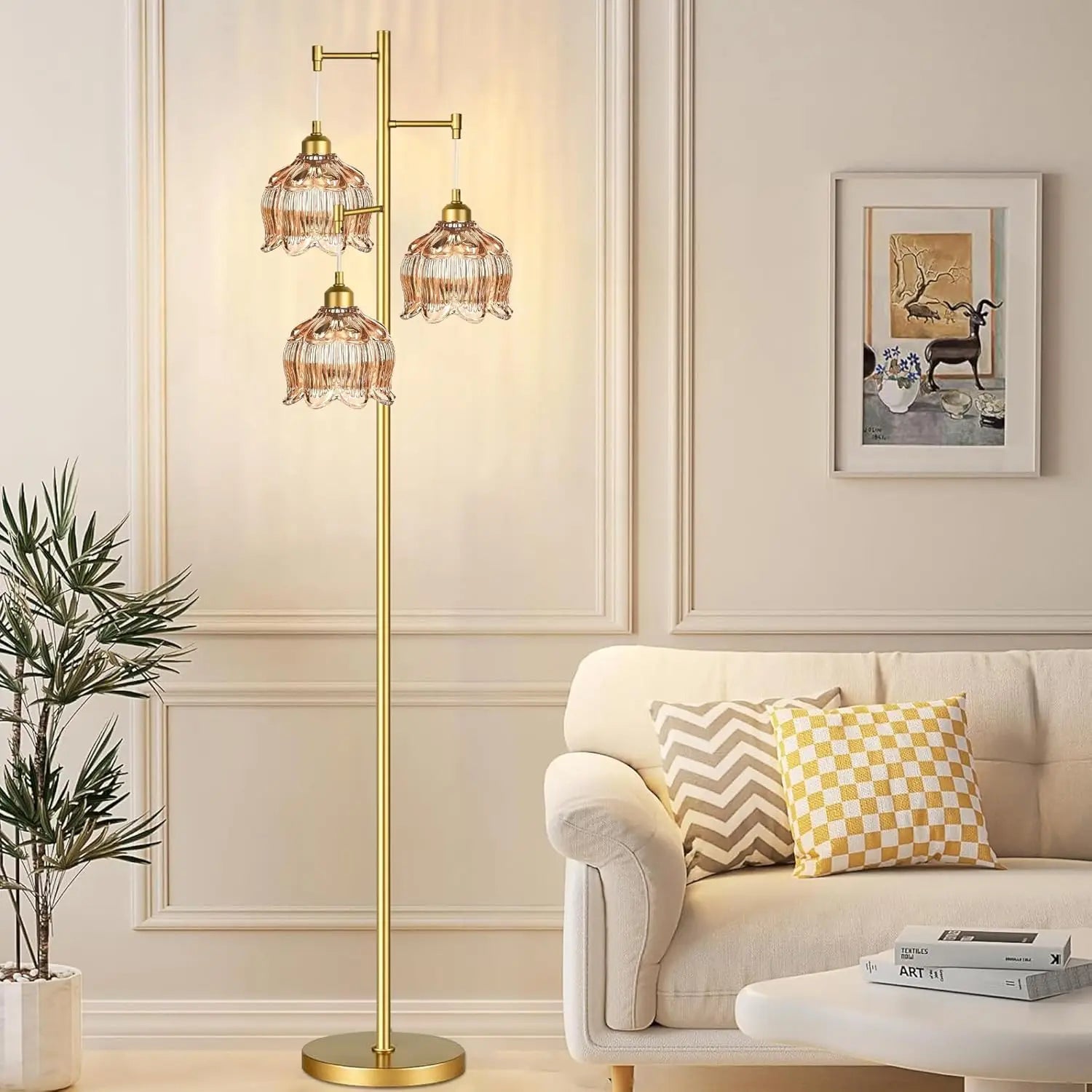 68IN Gold Floor Lamp Unique Glass Shades Includes 3 Bulbs
