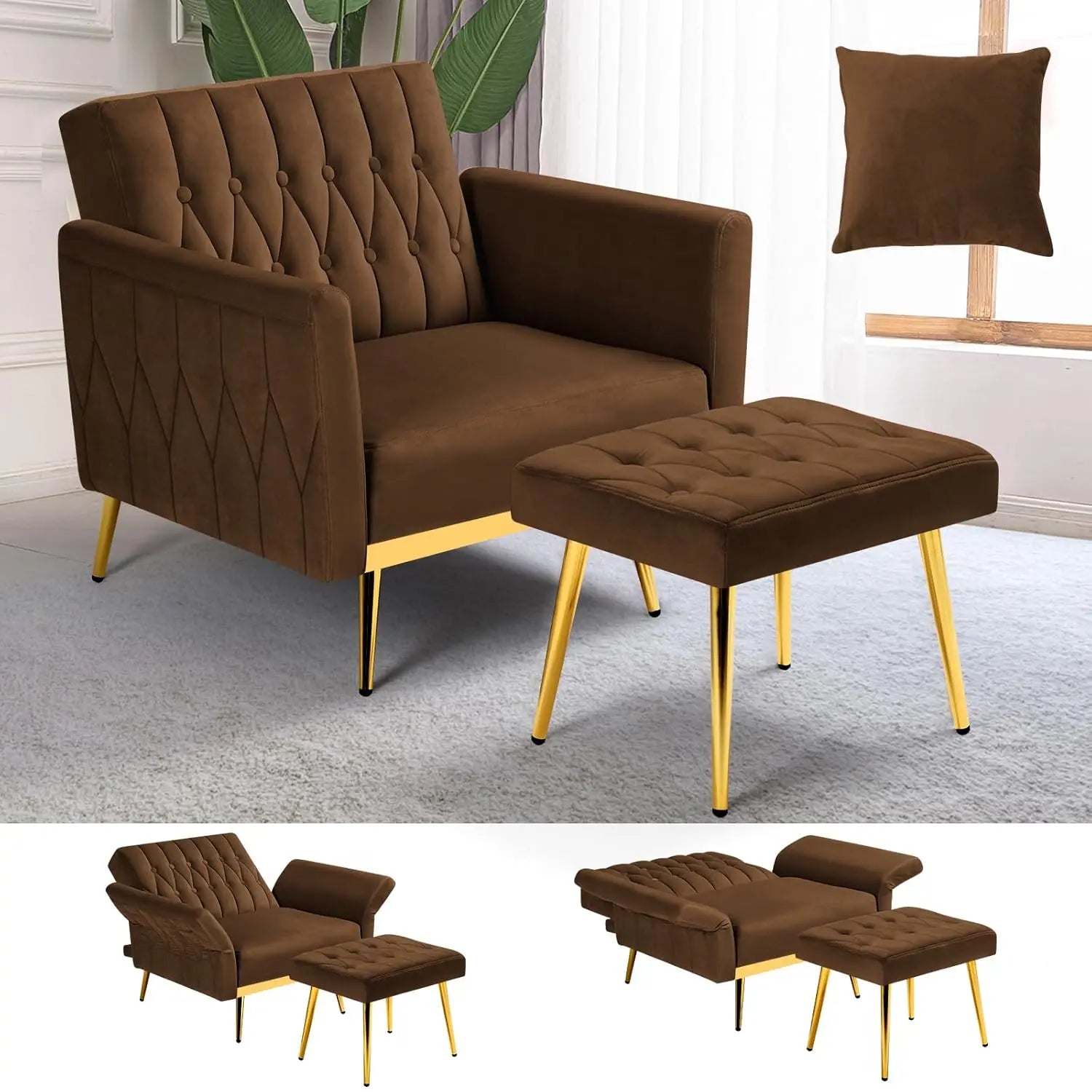 Velvet Recliner Chair Adjustable Armrests and Backrest, Button Tufted Chair