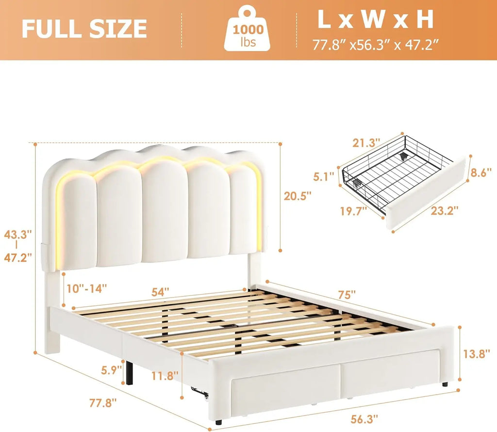 Velvet LED Bed Frame, 2-Drawers, RGB LED Adjustable Headboard, Charging Station