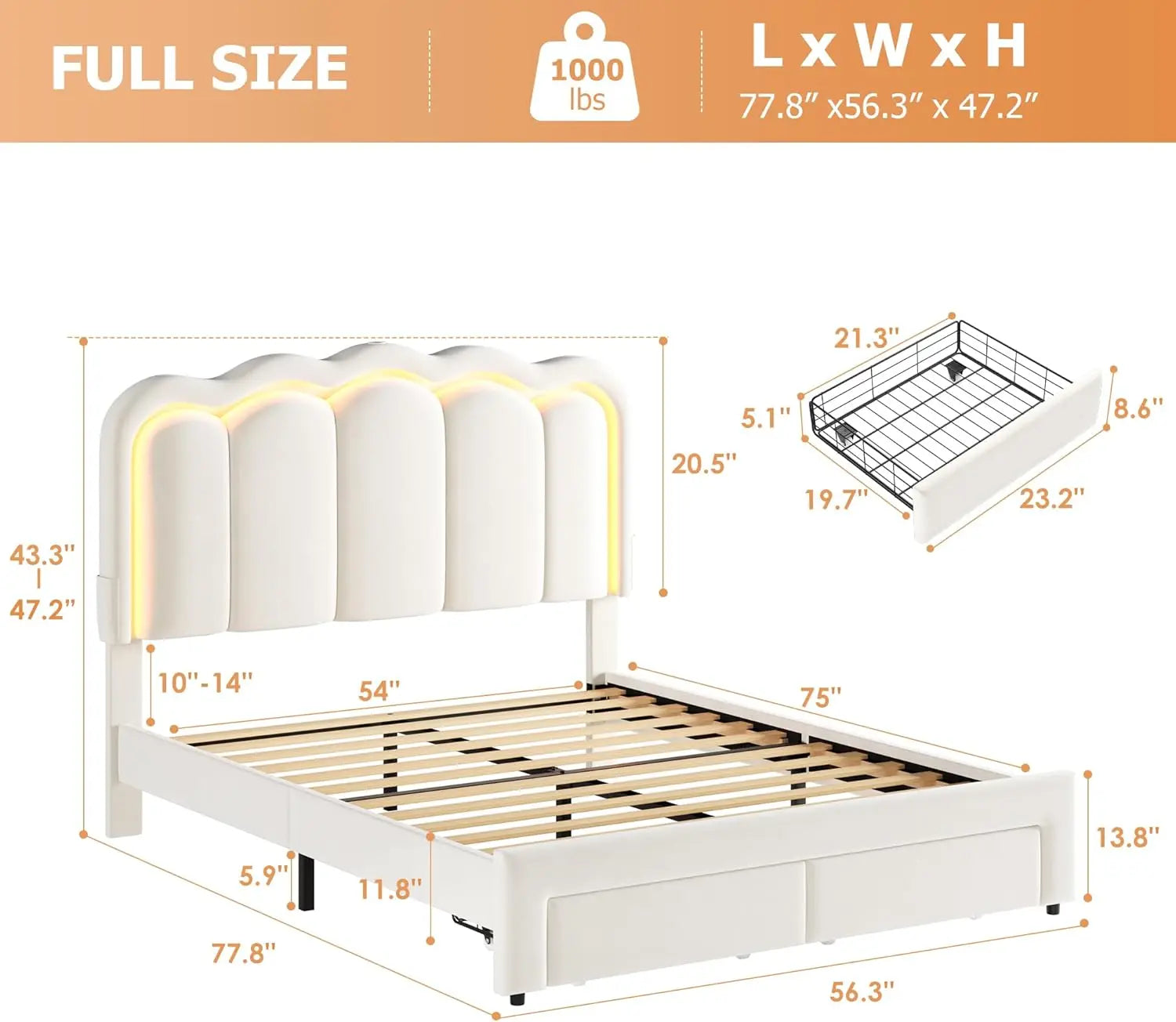 Velvet LED Bed Frame, 2-Drawers, RGB LED Adjustable Headboard, Charging Station