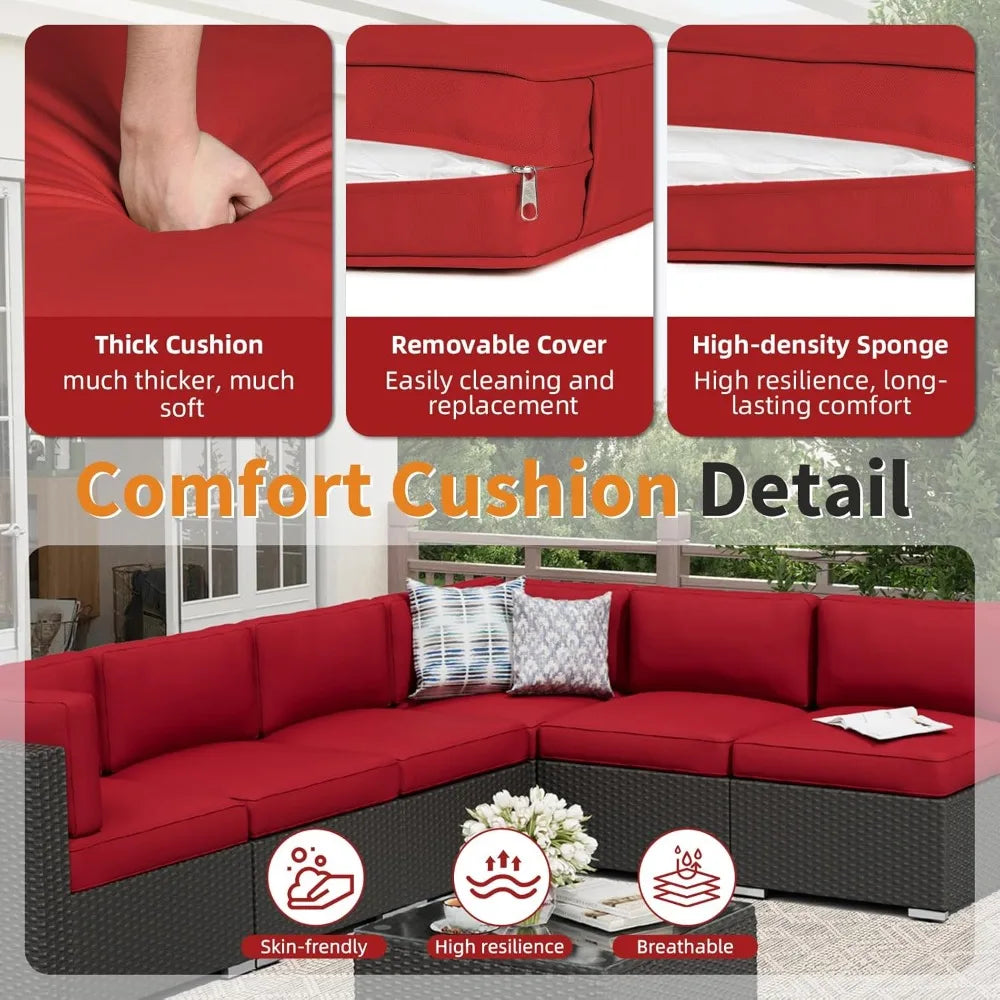 7-Piece Patio Sofa Black Rattan Wicker, Glass Top Table, Cushions