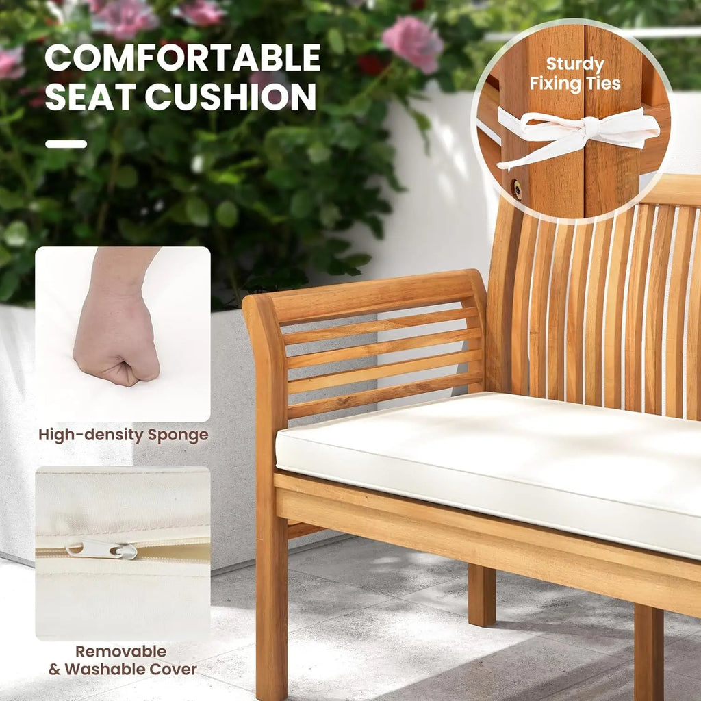Wooden Indoor/Outdoor Bench, Cushion, Curved Armrest, Slatted Back 23x62.5x30.5