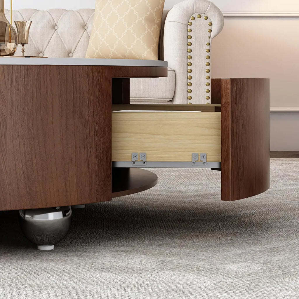 Round Coffee Table, Storage, 2 Drawers and Faux Marble Tabletop, Circle