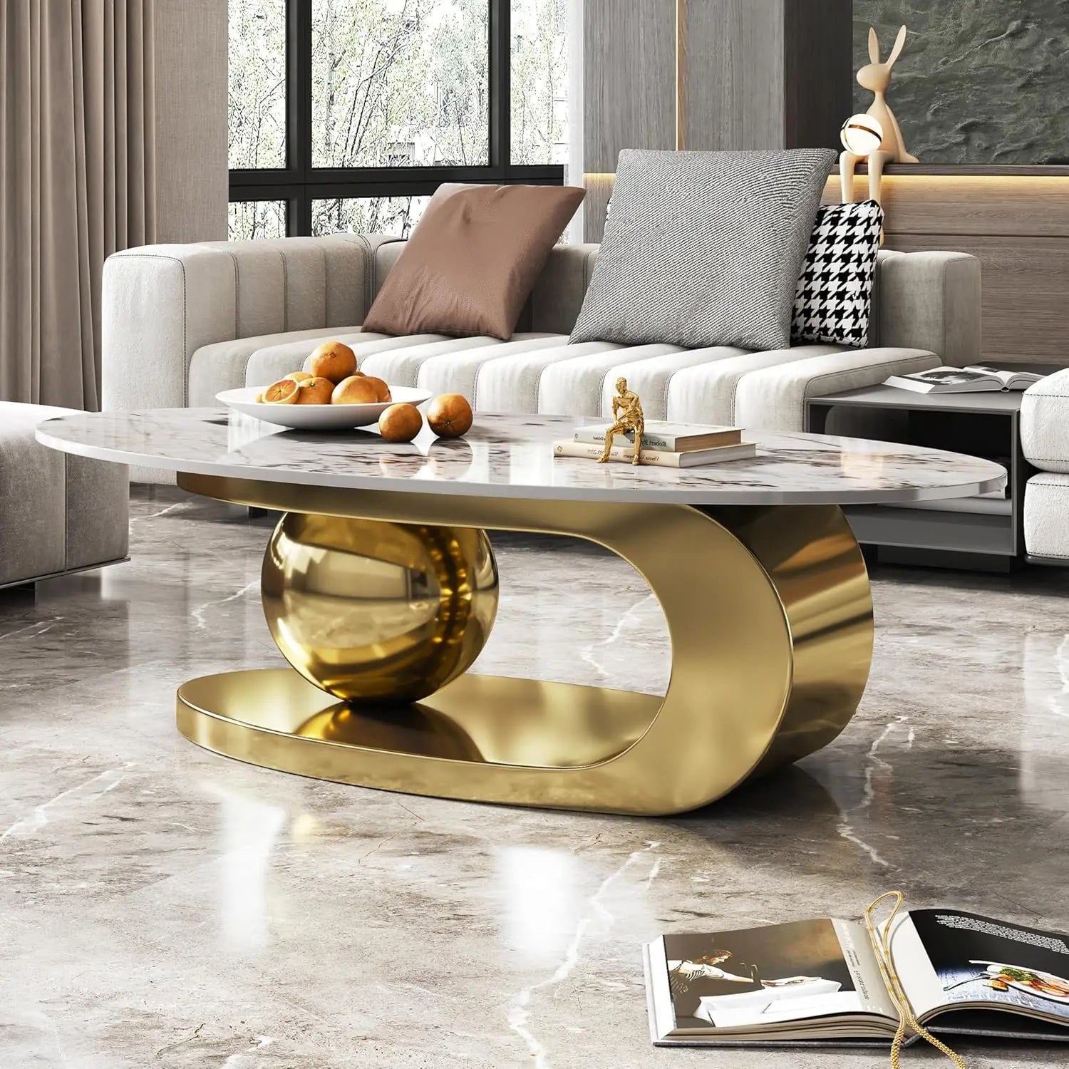 Coffee Table, Silver Stainless Steel Pedestal Oval Faux Marble Top.