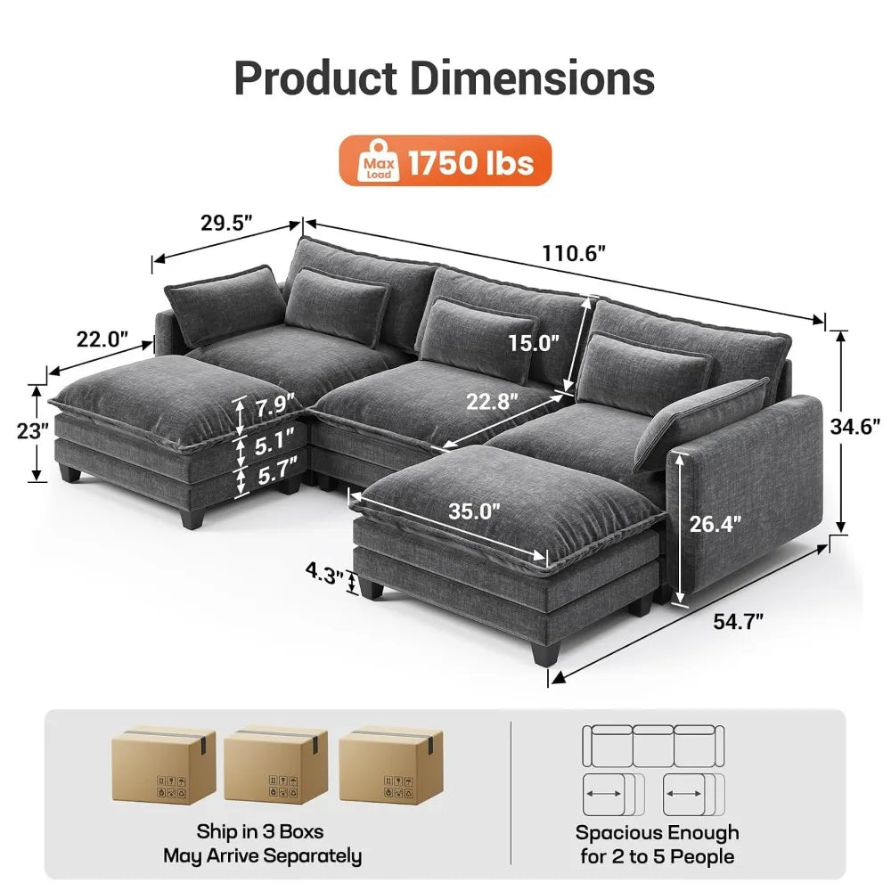 U-Shaped Modular Sectional, Movable Ottoman, 5-Seat Chenille Deep Seat Couch Pillows