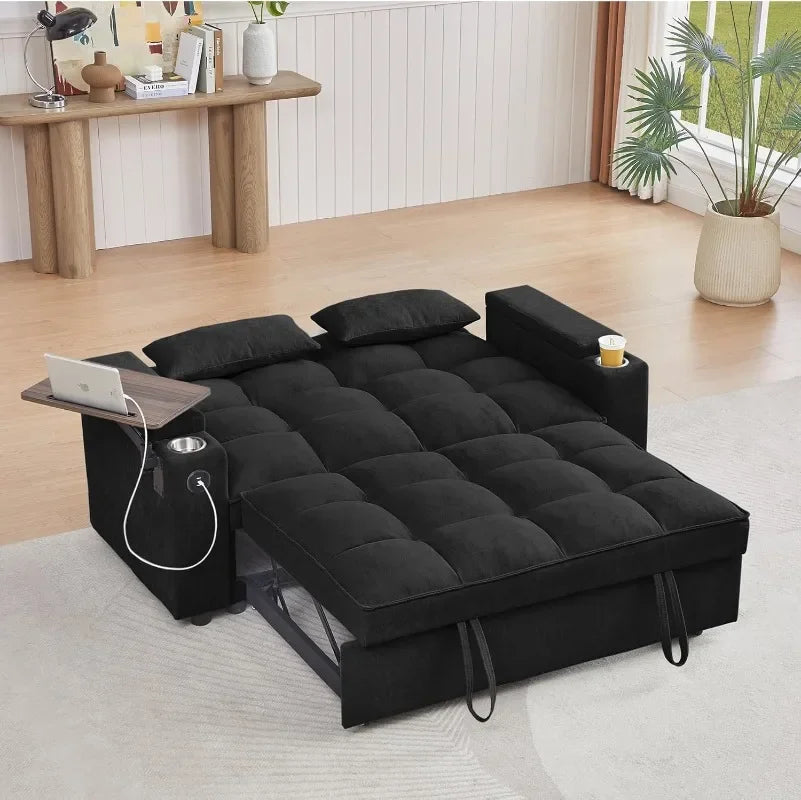 65'' 3-in-1 Folding, Pullout, Convertible Sofa Bed, 360° Swivel Side Table