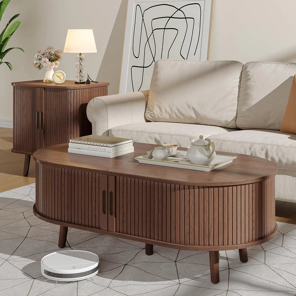 Oval Coffee Table Tambour Door Fluted Hidden Storage Walnut