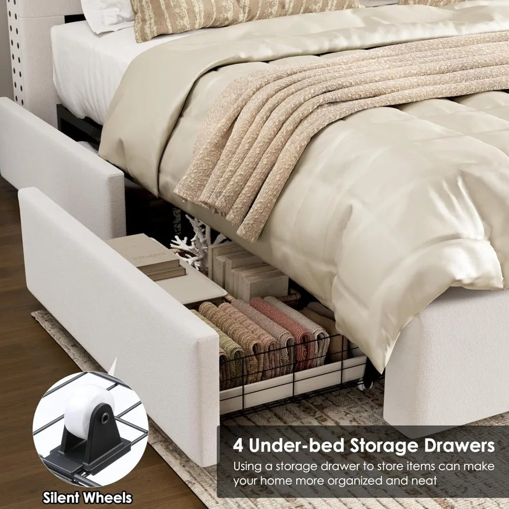 Queen Size Upholstered Tall Headboard, Button Tufted Velvet 4 Drawers