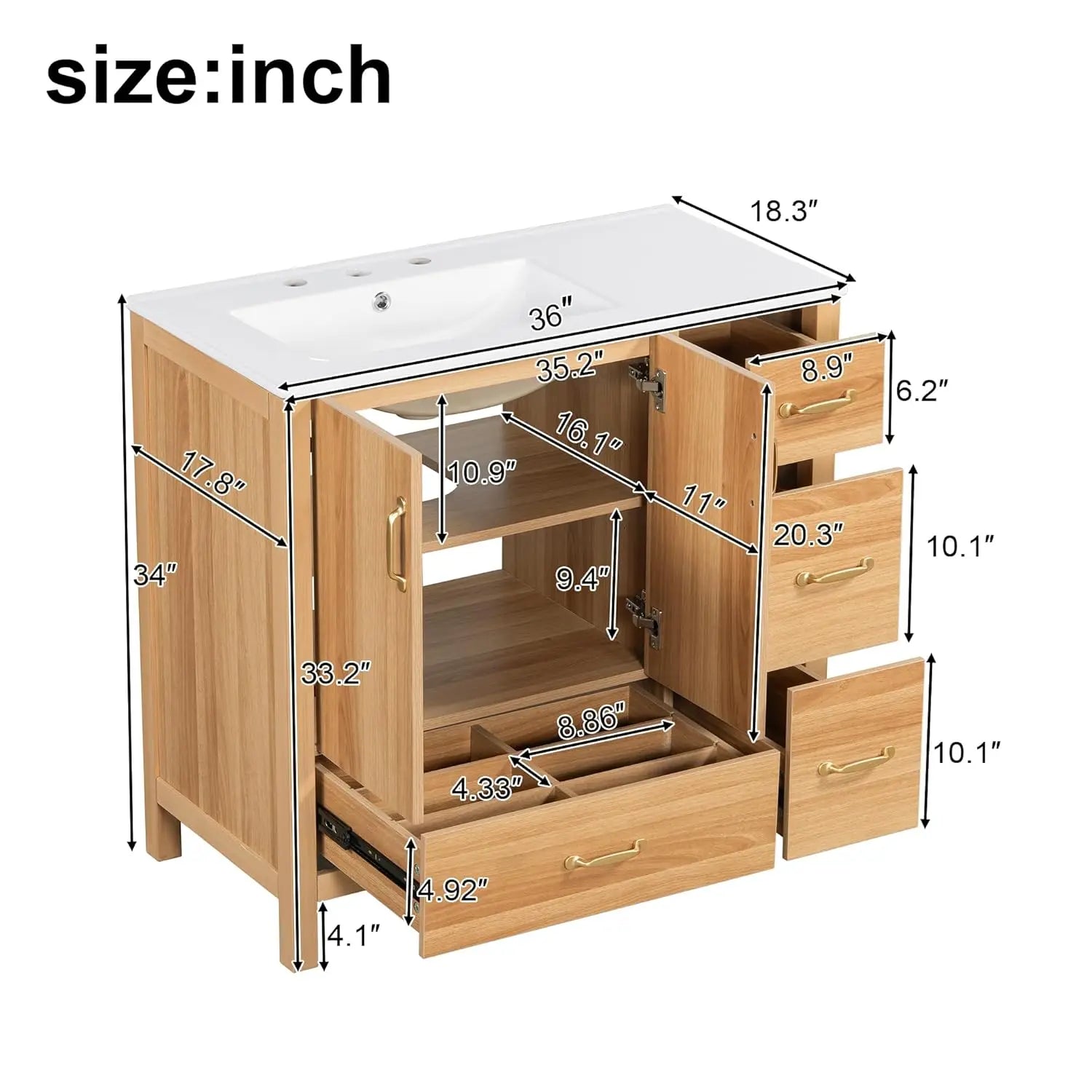 36in Wood Bathroom Vanity/Sink, 3 Drawer Storage Adjustable Shelf.