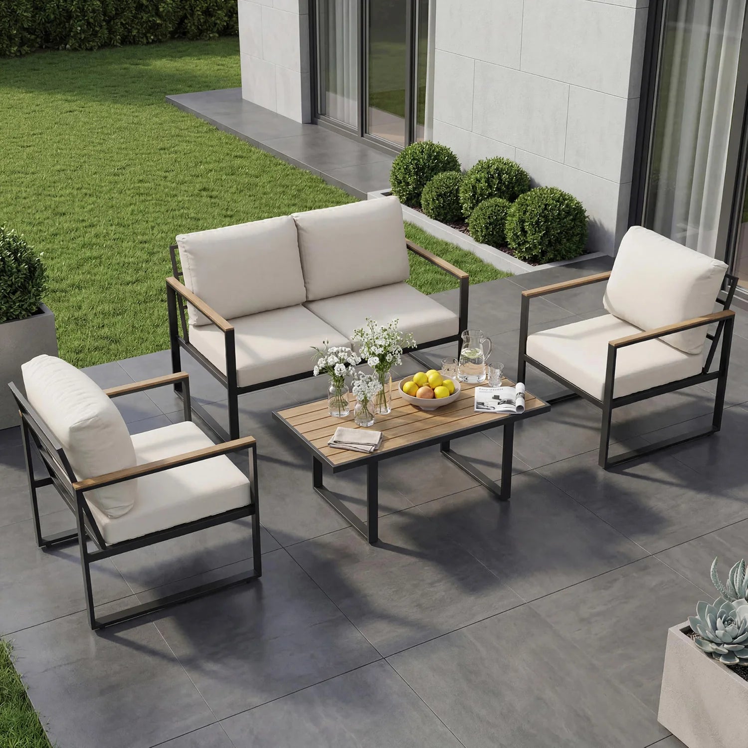 4-Piece Patio Sectional Sofa Set, Coffee Table Thick Washable Cushions