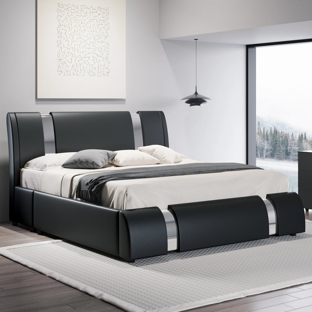 Faux Leather Low Profile Platform Bed Frame Height-Adjustable Headboard