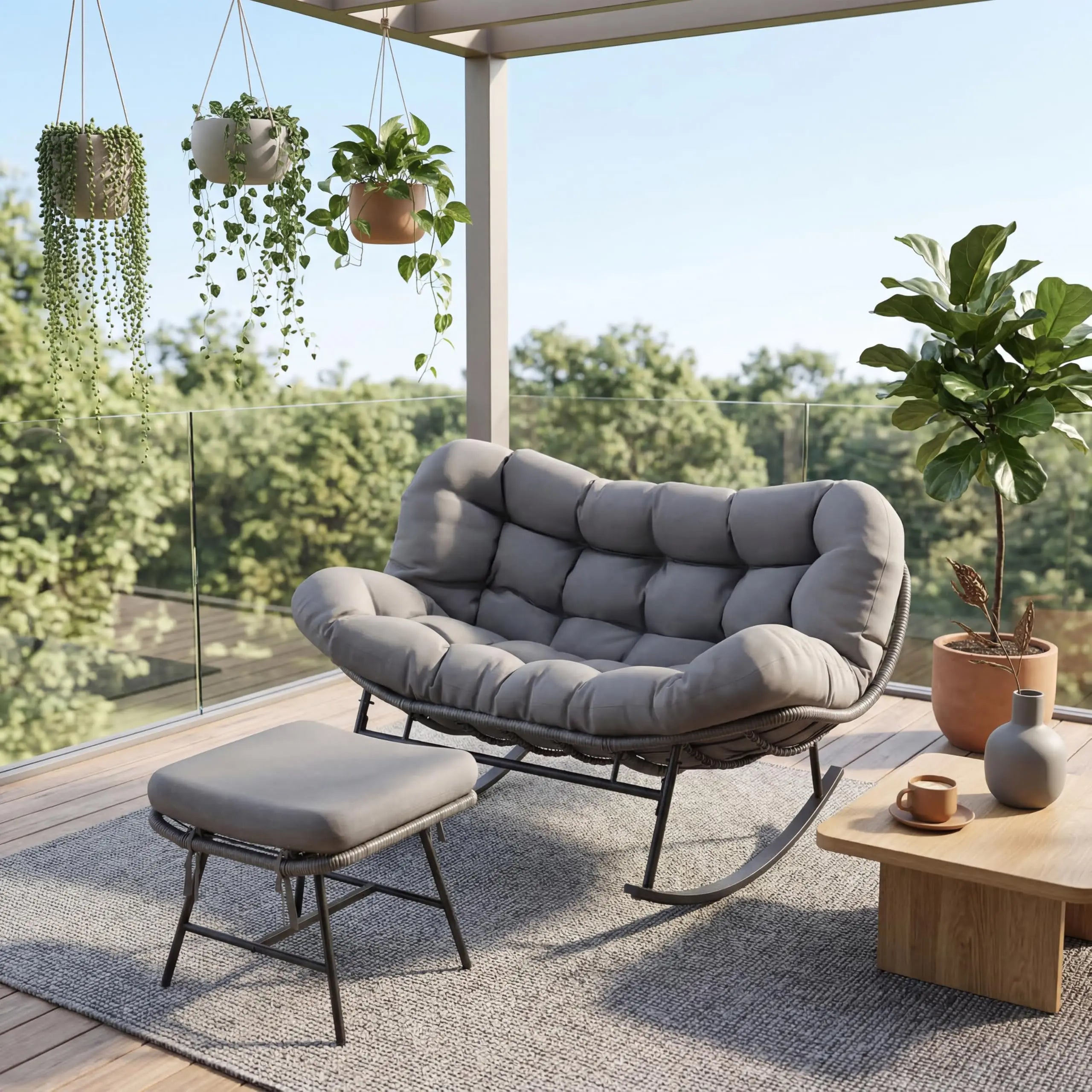 Oversized Papasan Double Wicker Egg Patio Rocking Chair Set W/Ottoman