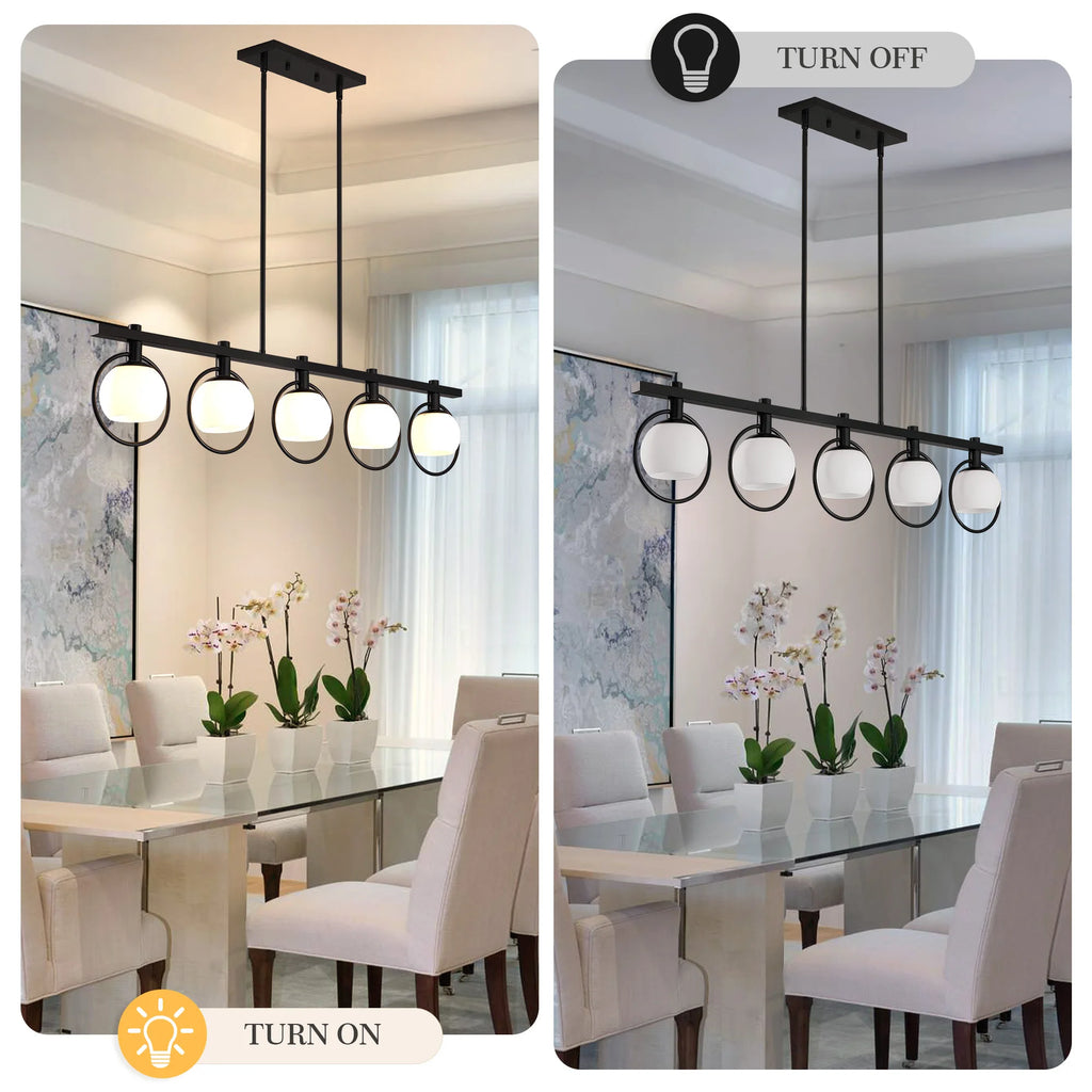 5-Light Adjustable Chandelier with Glass Shades Black Metal Frame