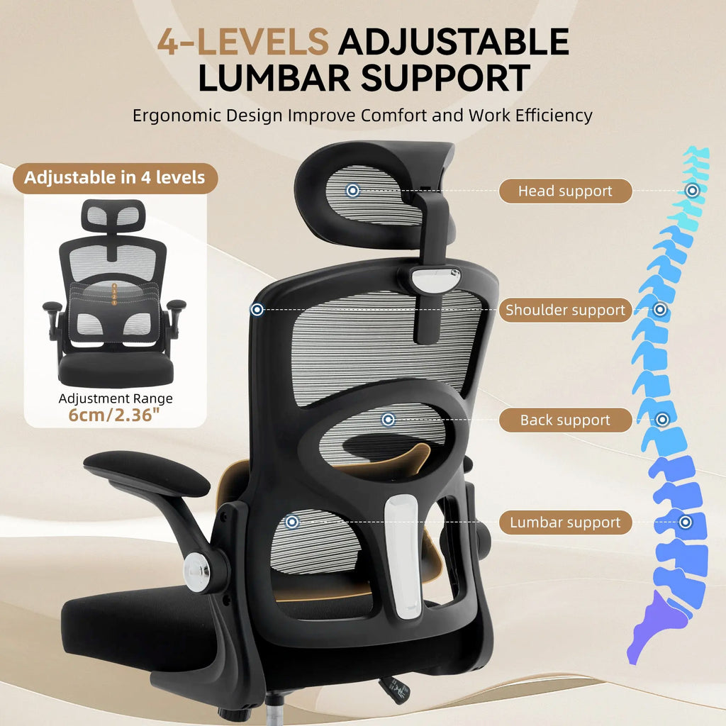 Ergonomic High-Back Mesh, Adjustable Headrest, Lumbar Support. 360° Swivel, Rolling