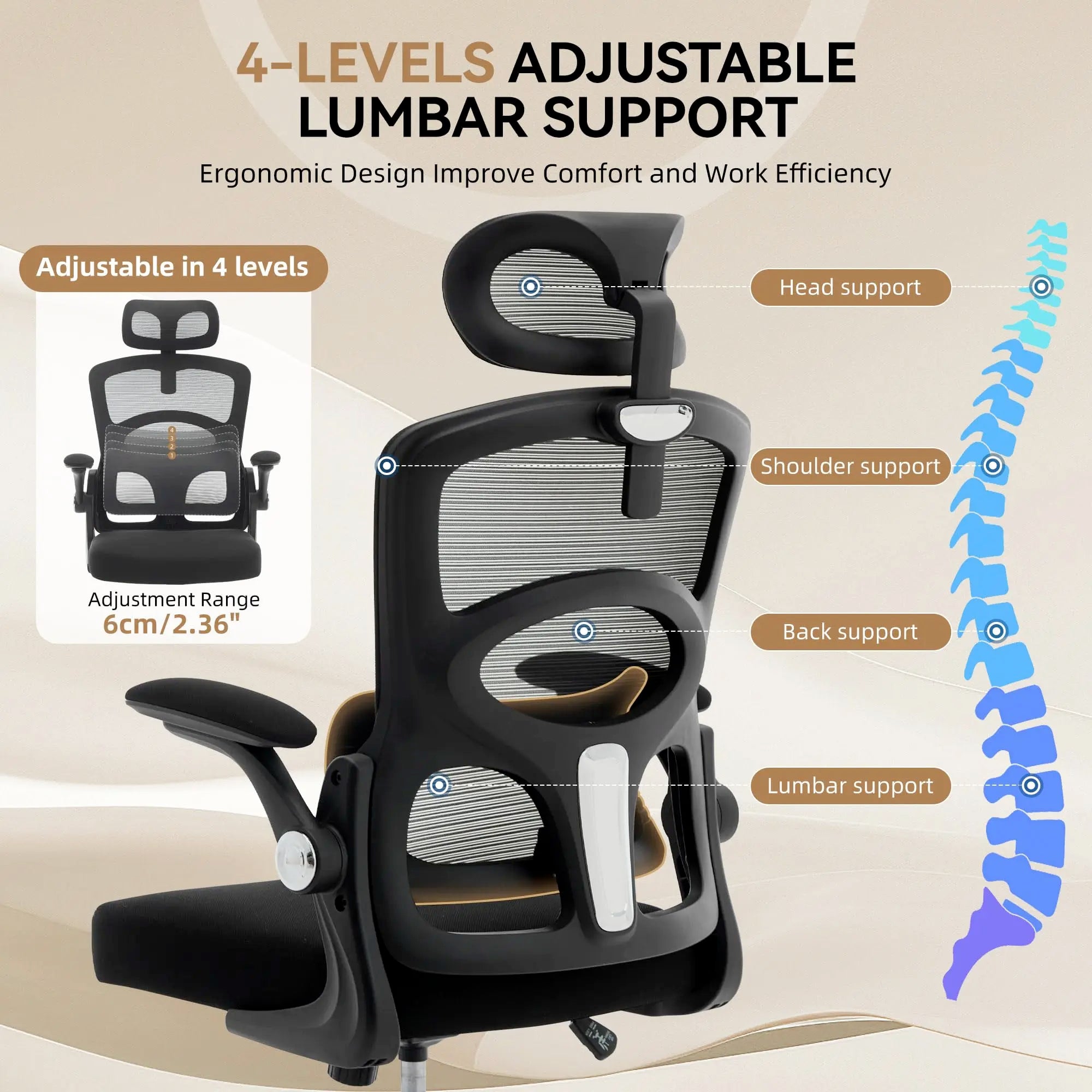 Ergonomic High-Back Mesh, Adjustable Headrest, Lumbar Support. 360° Swivel, Rolling