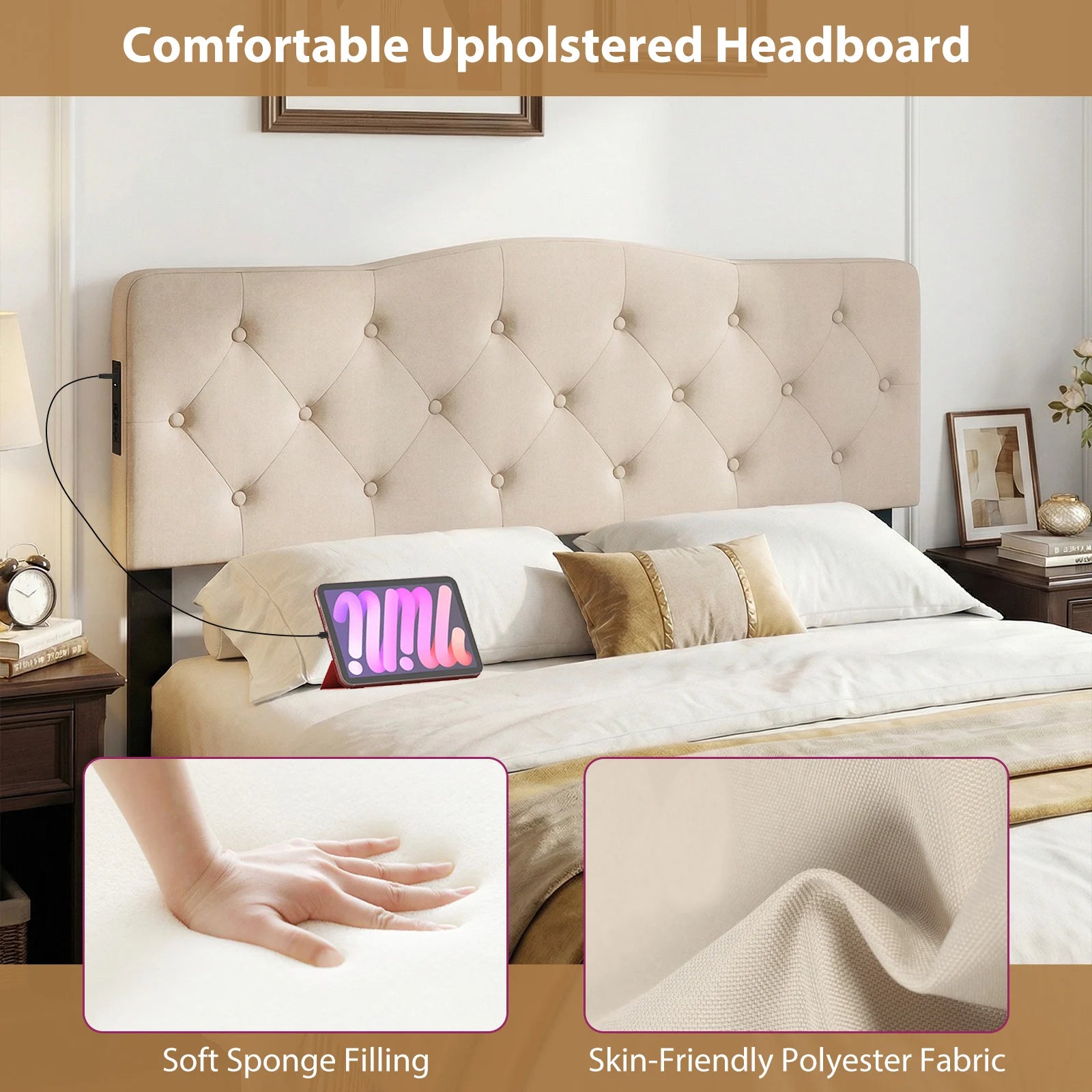 Headboard Queen & Full Size Bed, Tufted Upholstered w/2AC Outlets