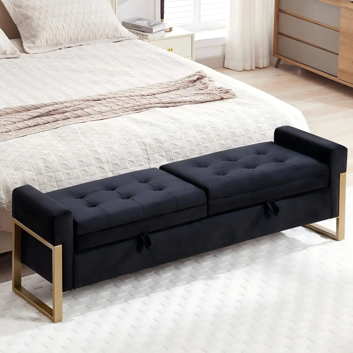 67" End of Bed Ottoman Storage Bench Golden Legs