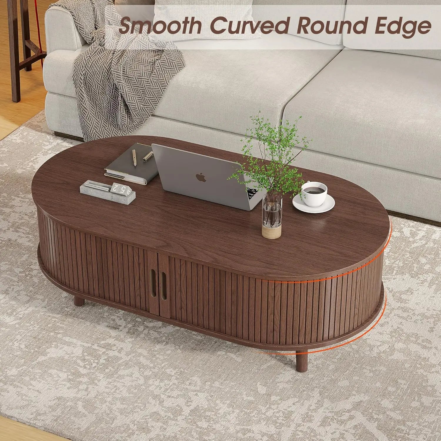 Oval Coffee Table Tambour Door Fluted Hidden Storage Walnut