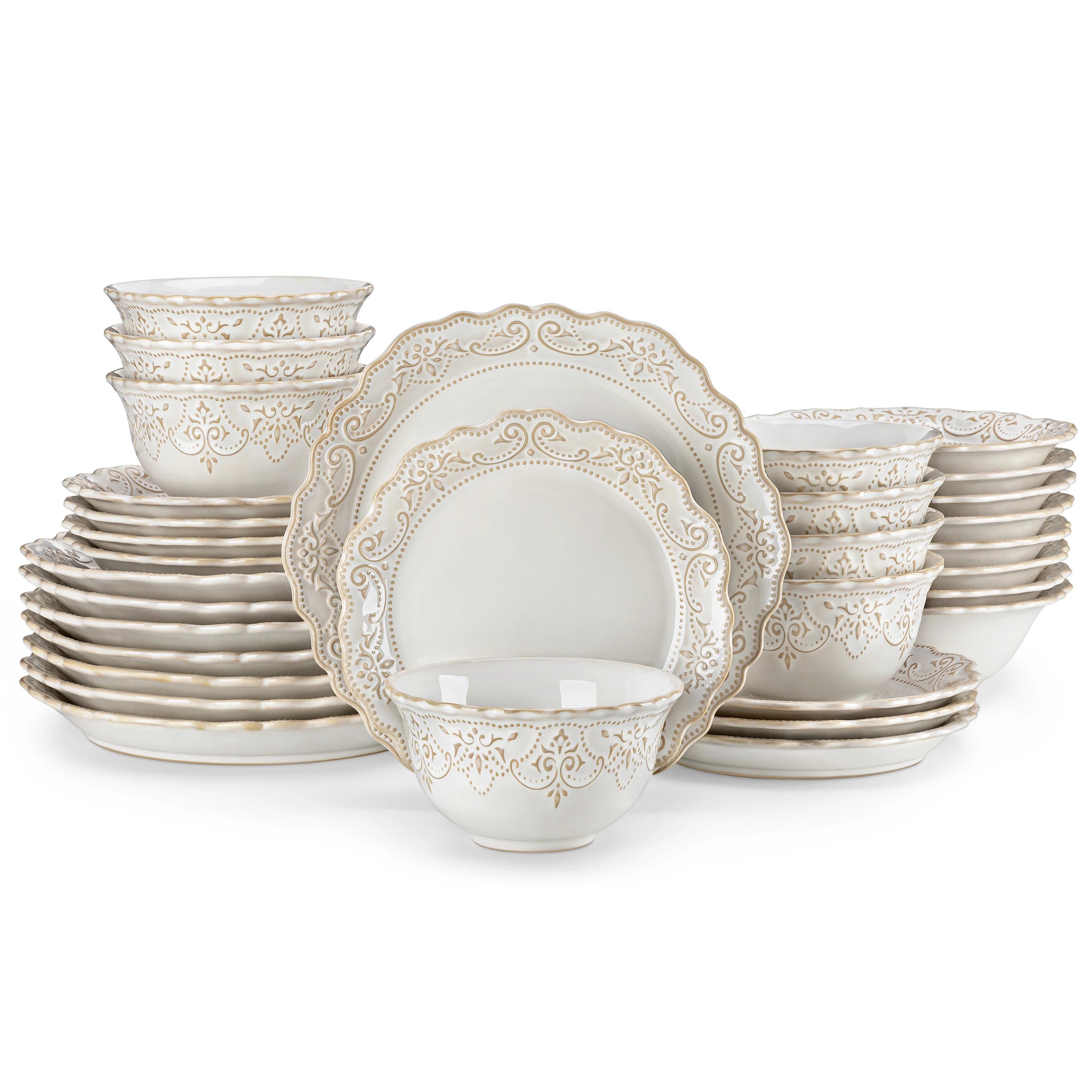 16/32 Piece White Stoneware:  4 Dinner/Dessert/Cereal & Soup Bowls