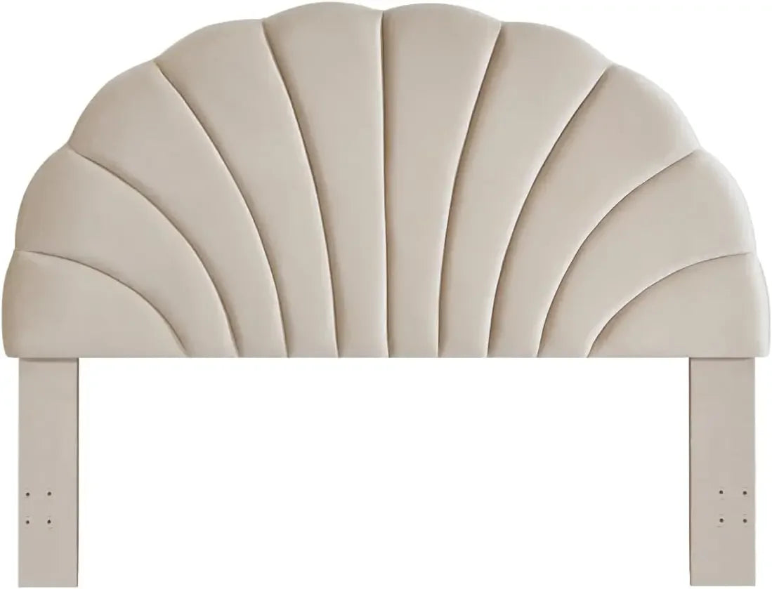 King/CA Headboard Stunning Crown Design, Upholstered Soft Velvet Petal, Beige