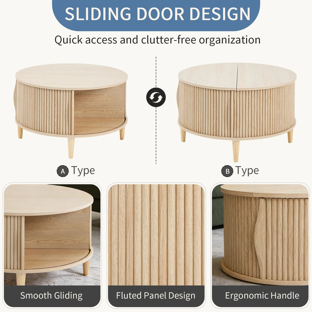 31IN Round/Flip-Top Storage Coffee Table, Fluted Center, 2-Tier, Sliding Door
