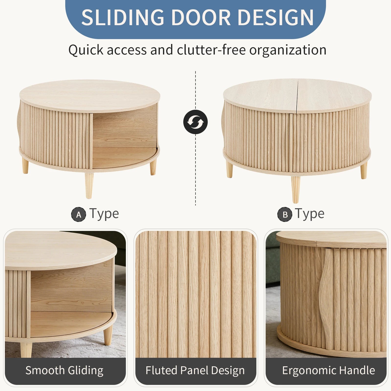 31IN Round/Flip-Top Storage Coffee Table, Fluted Center, 2-Tier, Sliding Door