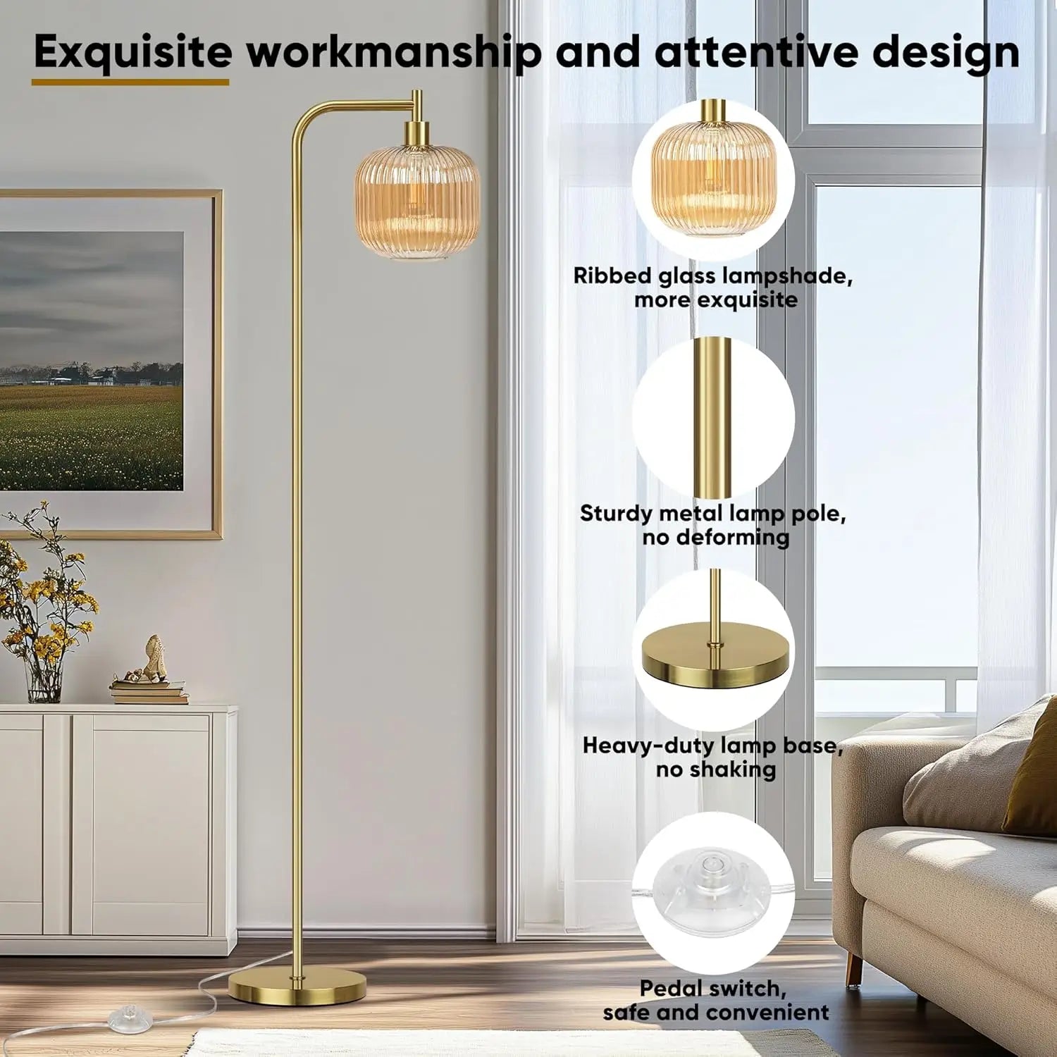 67" Glass Floor Lamp Ribbed Champagne Shade, Brushed Gold Finish
