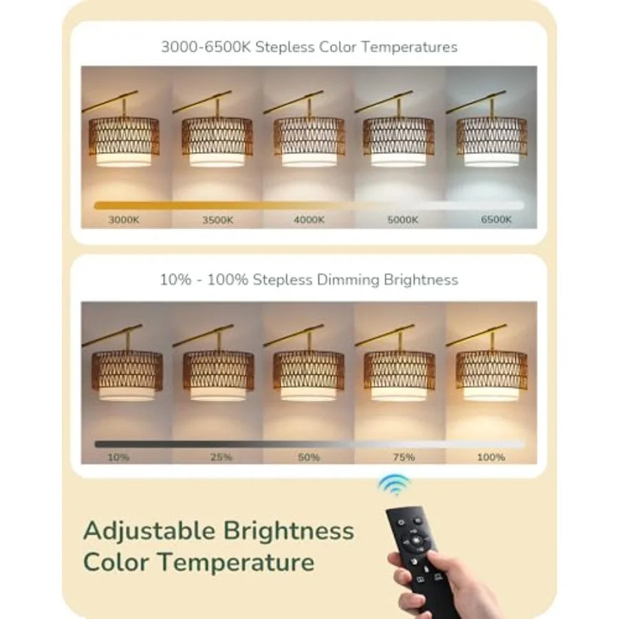 Rattan Arc Floor Lamp, Remote, Fabric Dual Shades, Dimmable LED B