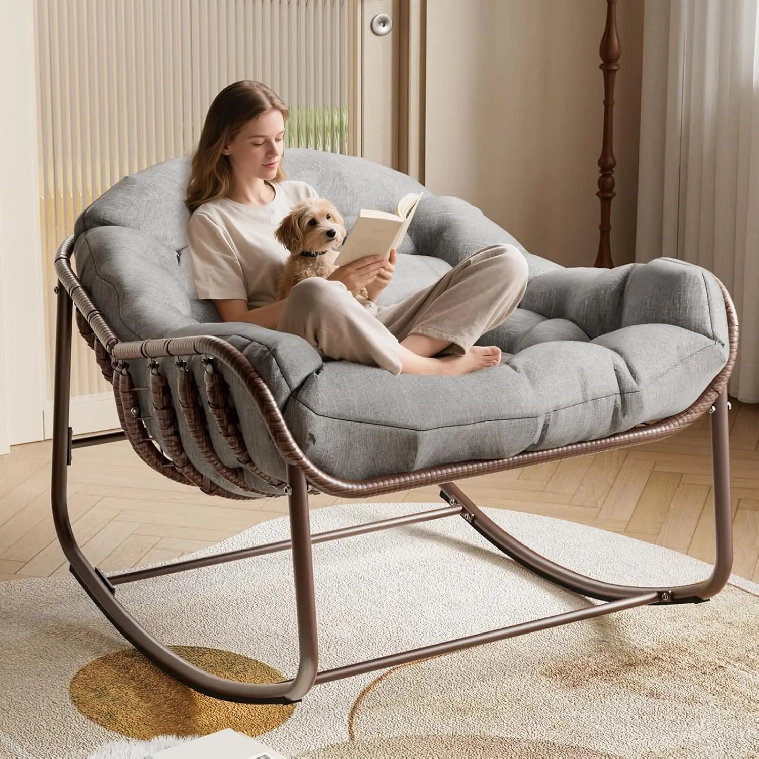 Oversized Wicker Papasan Rocking Chair, Cushion & Metal Frame