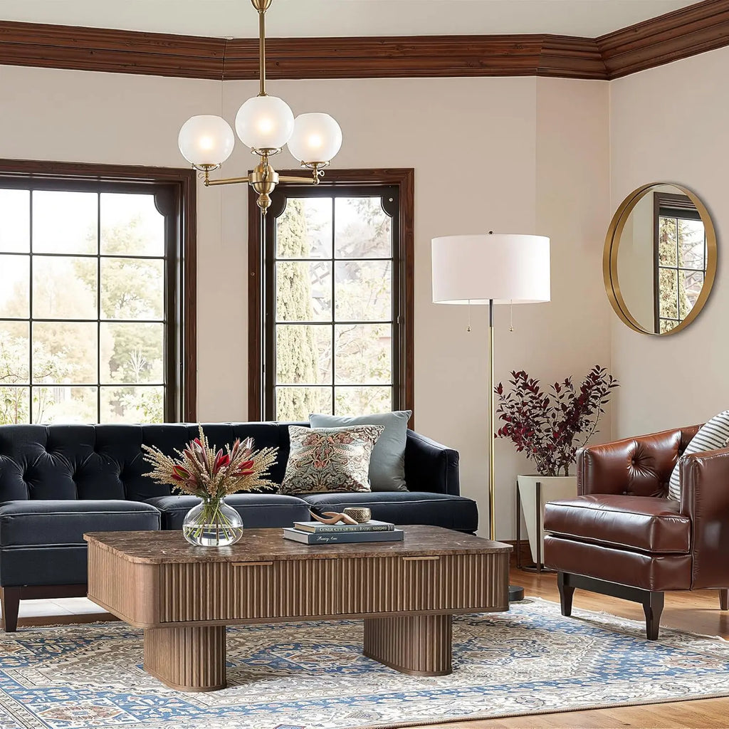 Fluted Coffee Table Storage, Faux Marble Top, Minimalist Rectangle Shape