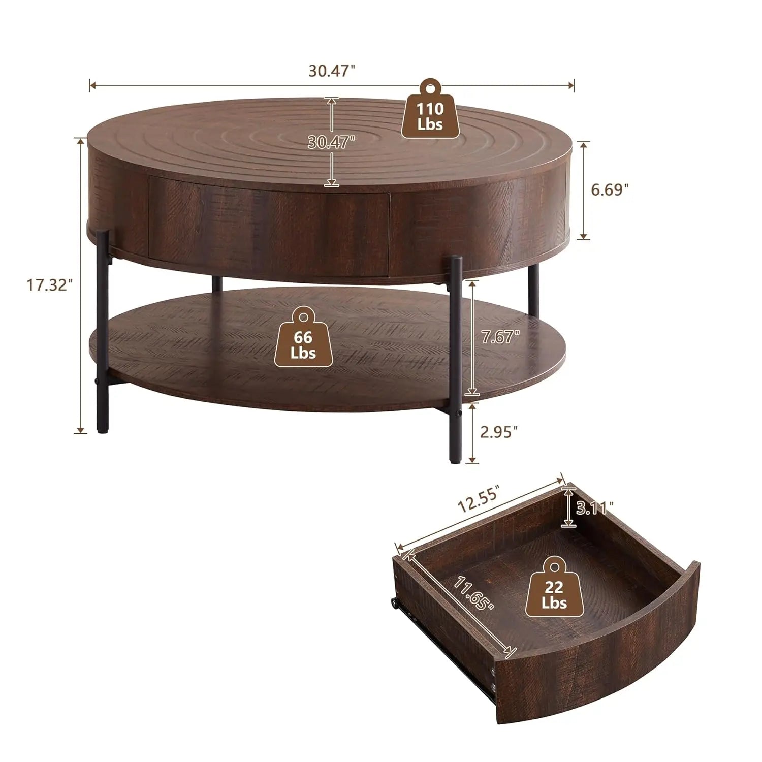 Round Coffee Table, 2-Drawer 2-Tier Rustic Wood Desktop Shelf