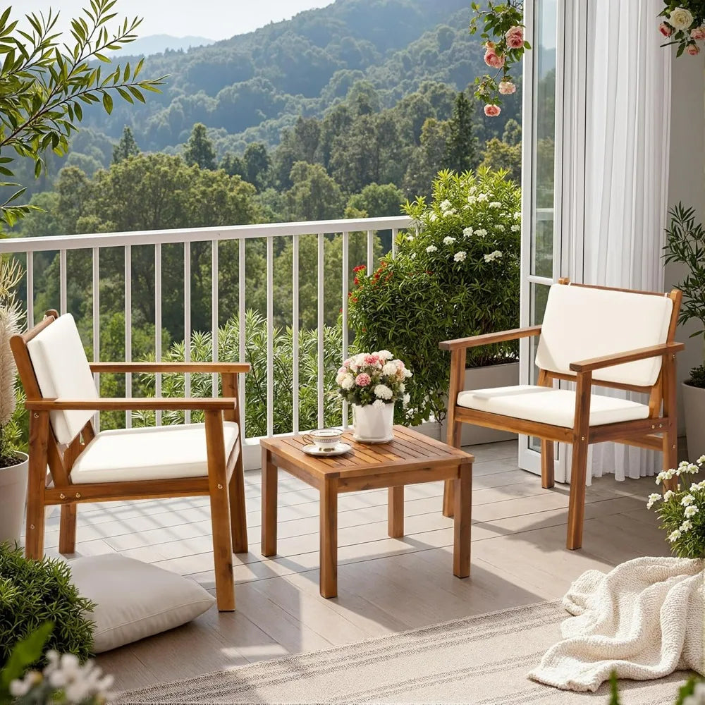 3 Piece Acacia Wood Patio Coffee Table, Chairs & Cushions
