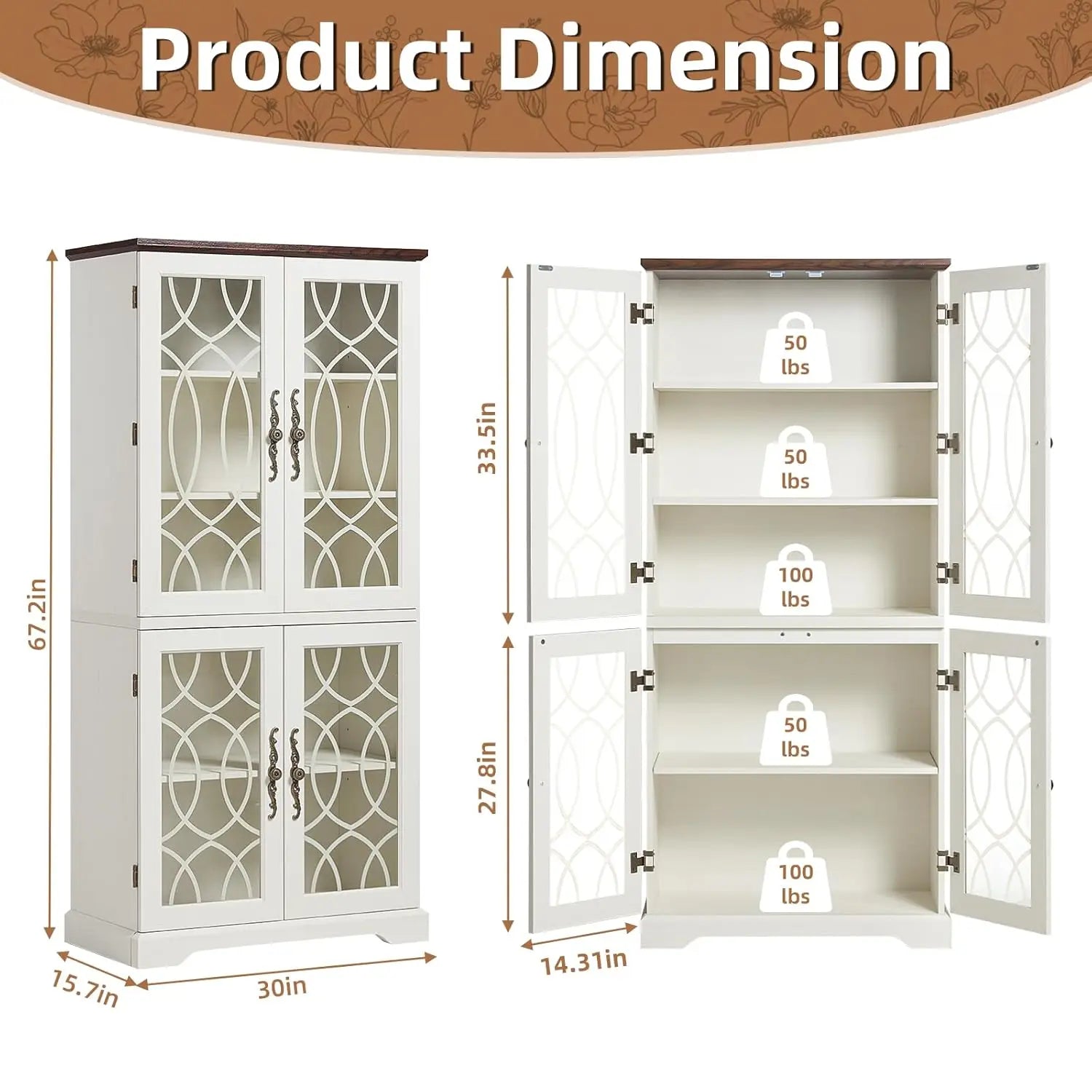67" Wood Bookshelf Glass Doors 5-Tier Adjustable Shelves , Office White