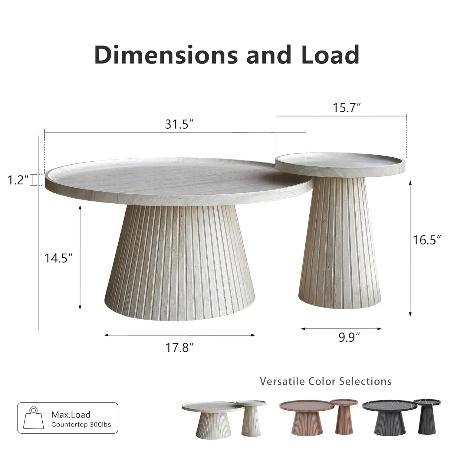 Coffee Table Set of 2, Fluted Faux Stone Veneer, Travertine Tea Table