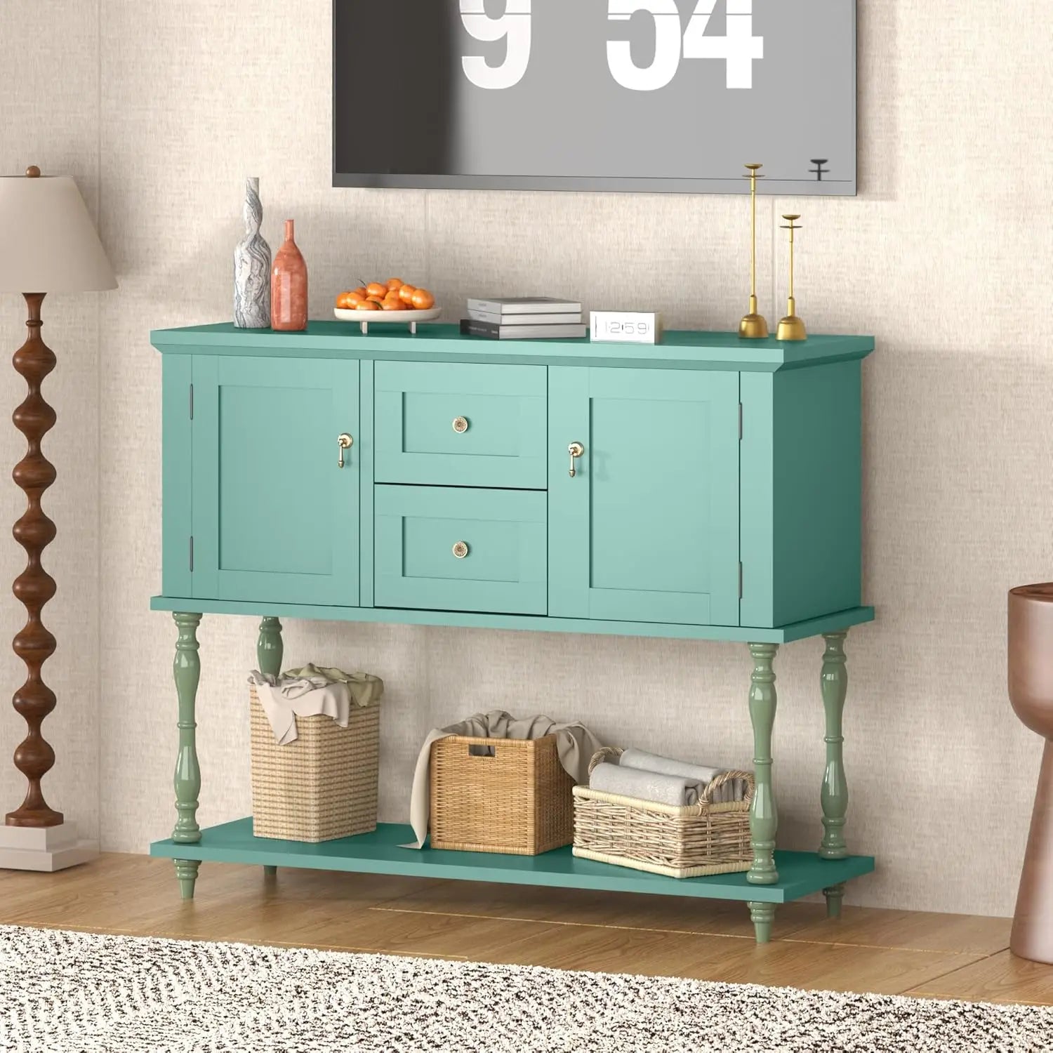 Console Table 2 Drawers 2 Storage Cabinets Open Shelf