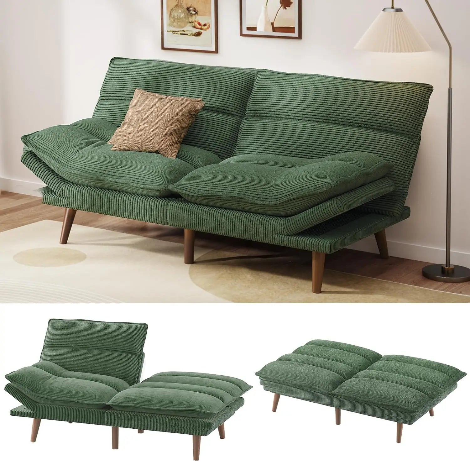 Futon Sofa Recliner Sleeper Bed, 66Inch Corduroy w/Adjustable Backrest and Armrest