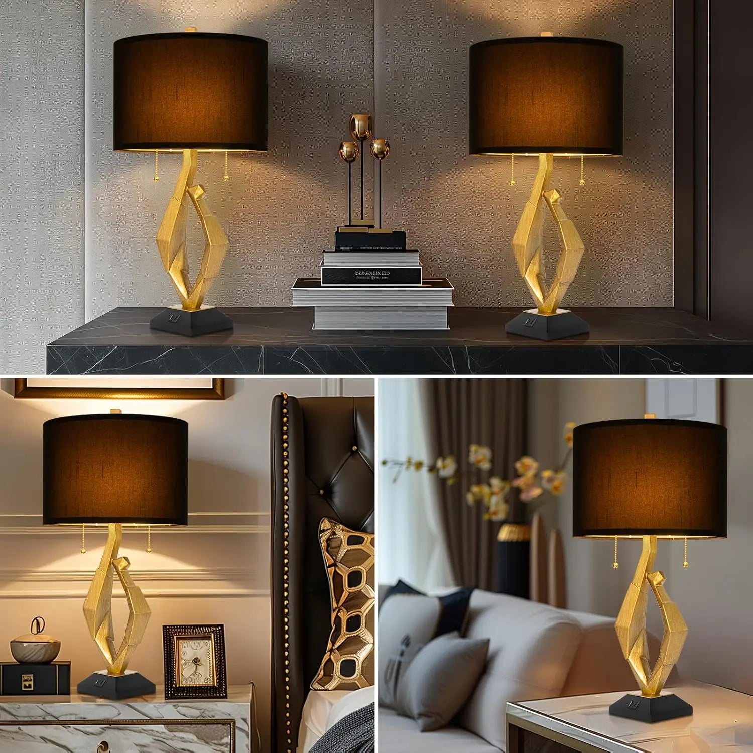 Table Lamp Set of 2 USB Ports Gold Leaf Finish
