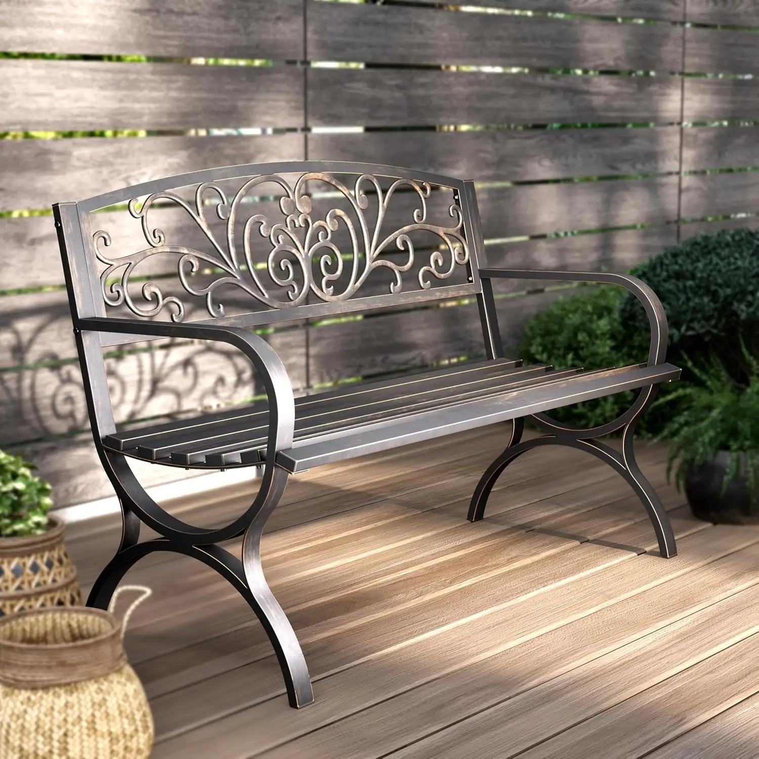 50in Copper Cast Iron Steel Bench, Chair w/Floral Backrest Slatted Seat