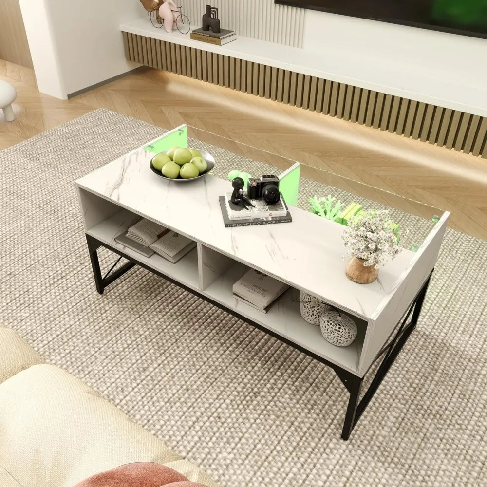 LED High Gloss Faux Marble Tempered Glass Top Coffee Table 4 Cubes