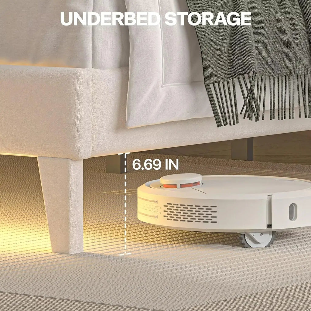 Full Size LED Bed Frame Velvet Upholstery, Tufted Headboard, Wooden Slats