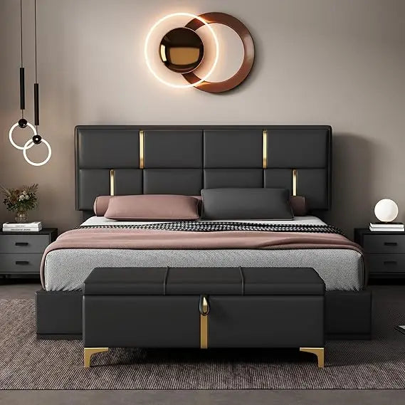 Queen Size Hydraulic Storage Bed w/Ottoman 2 Piece, Black