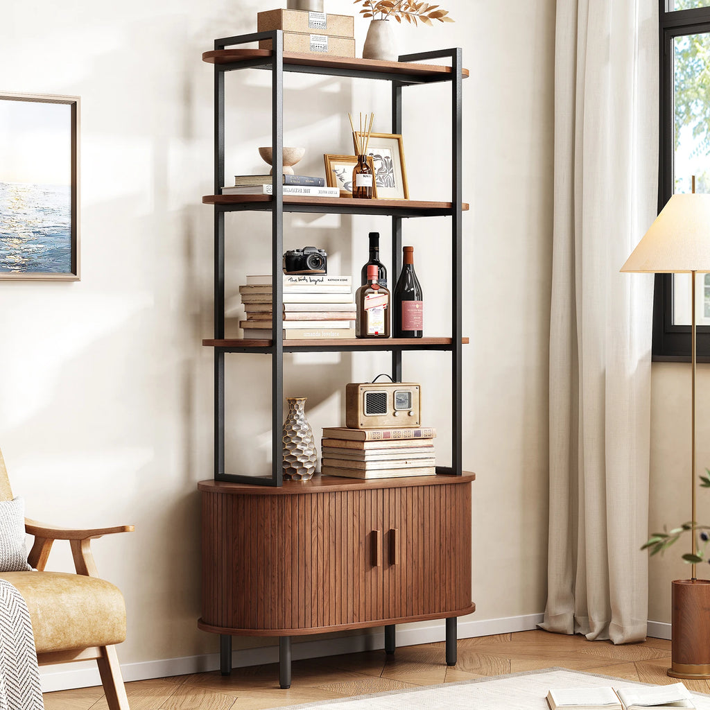 71" Tall, 4-Tier Book Shelf Cabinet, Sliding Door & Adjustable Footpad
