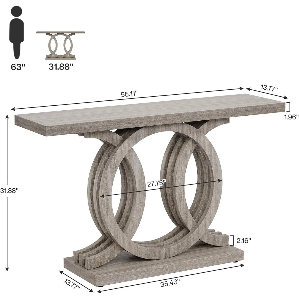 55IN Console Table with Geometric Wood Base, Thick Tabletop (Gray)