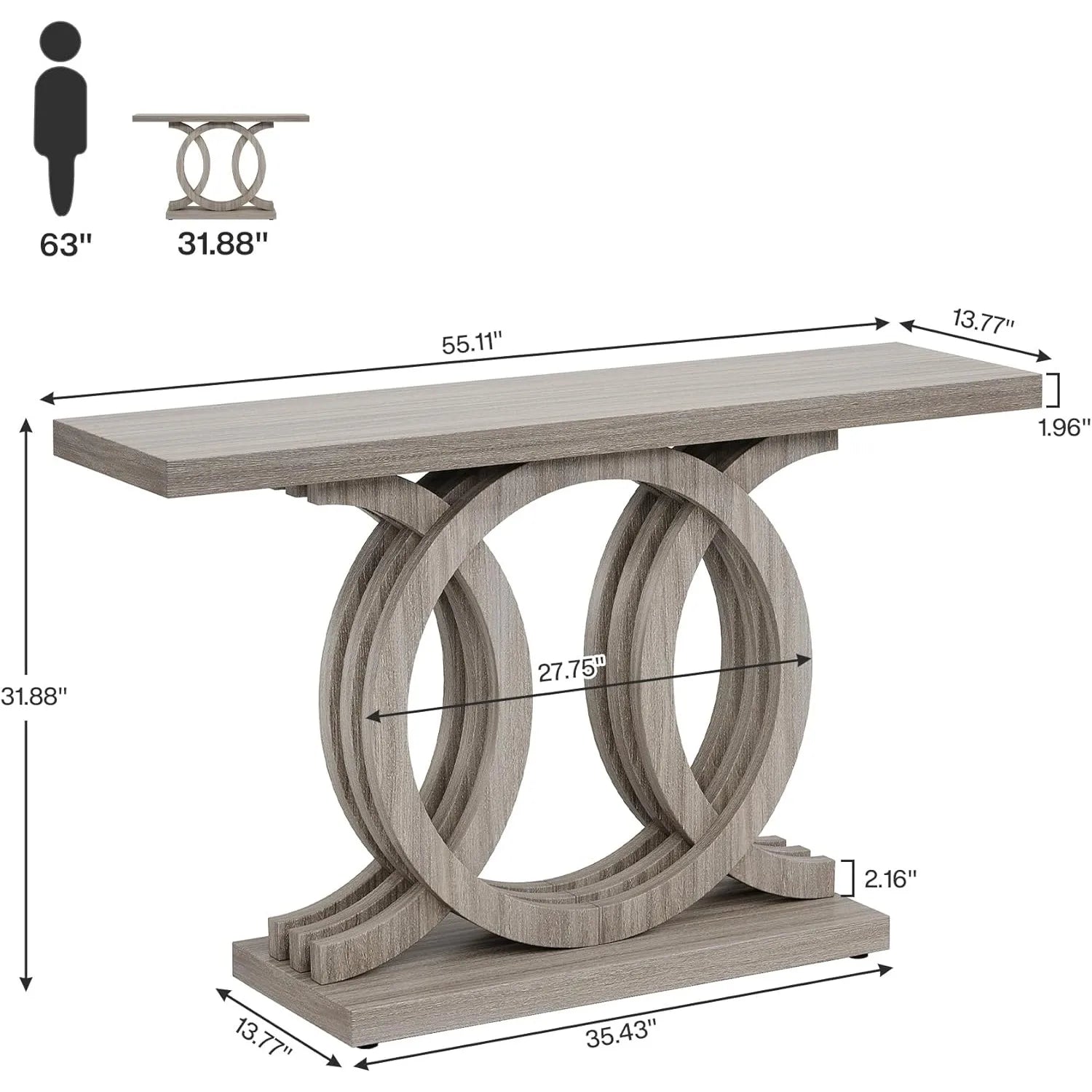 55IN Console Table with Geometric Wood Base, Thick Tabletop (Gray)