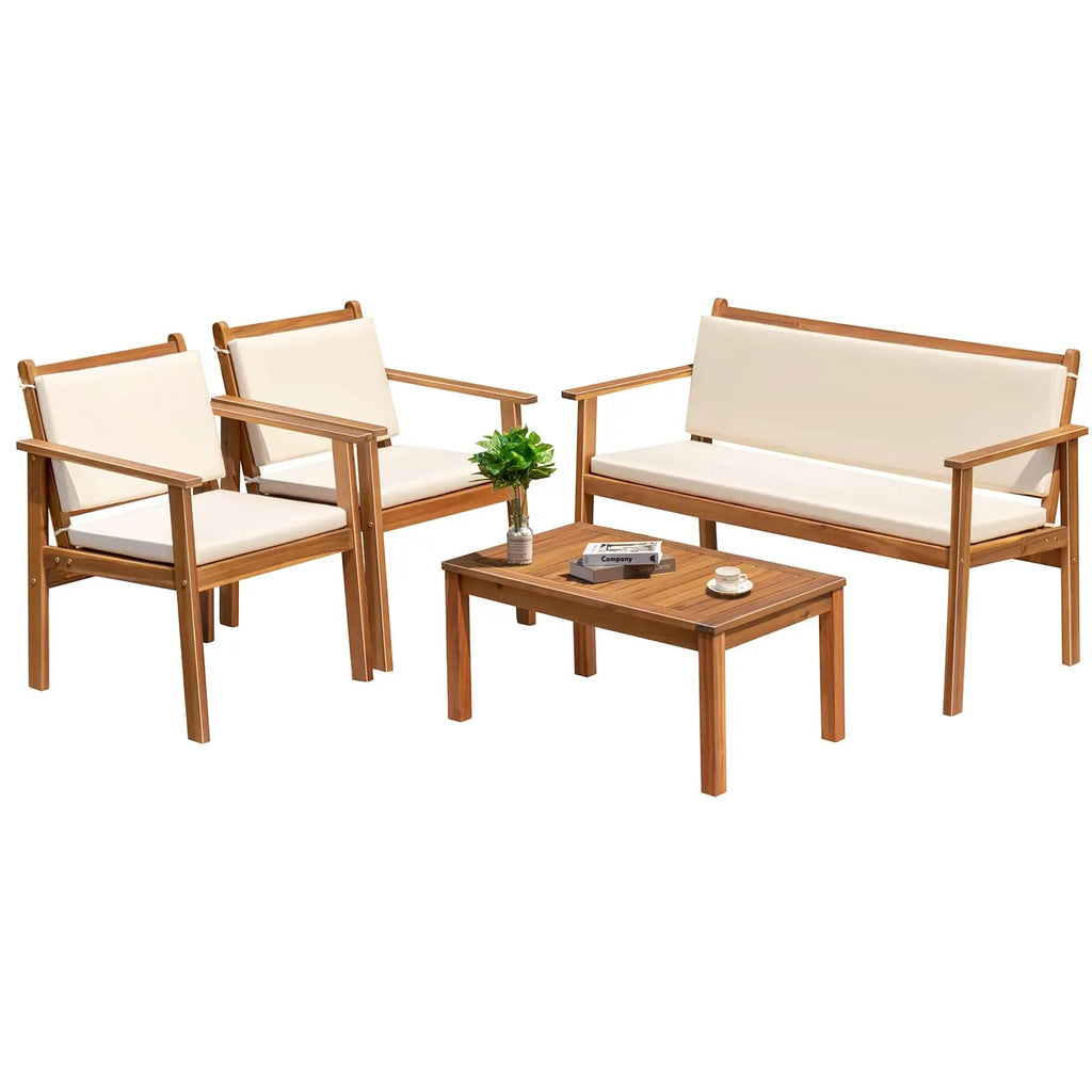 4-Piece Acacia Wood Patio Bistro Set Loveseat Coffee Table Cushion