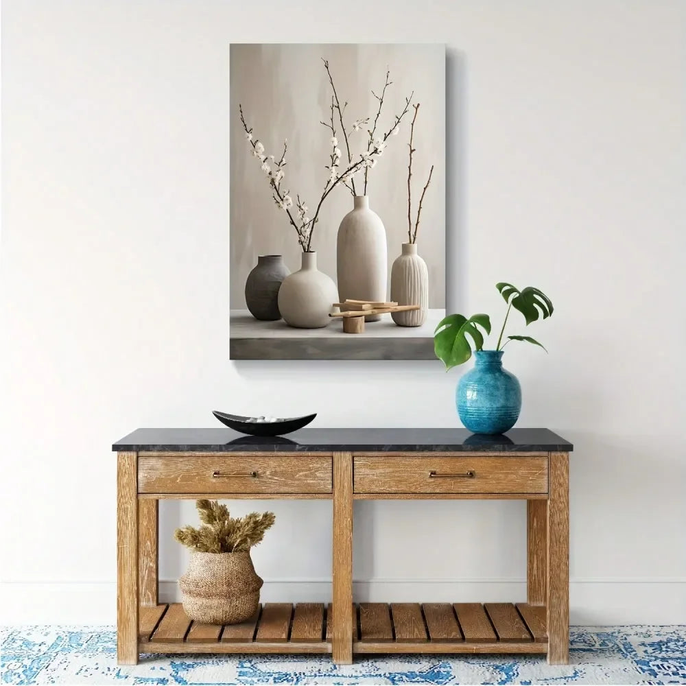 Botanical Ikebana Canvas Wall Art White Flower Vases